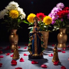 Fototapeta premium A noir-inspired close-up ground level view of Virgin of Guadalupe Day offerings on the ground, such as small statues and floral arrangements, with dramatic lighting and shadow play