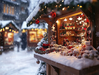 Close up of a snow covered stall at a winter Christmas market in Europe selling decorations and ornaments, baubles 