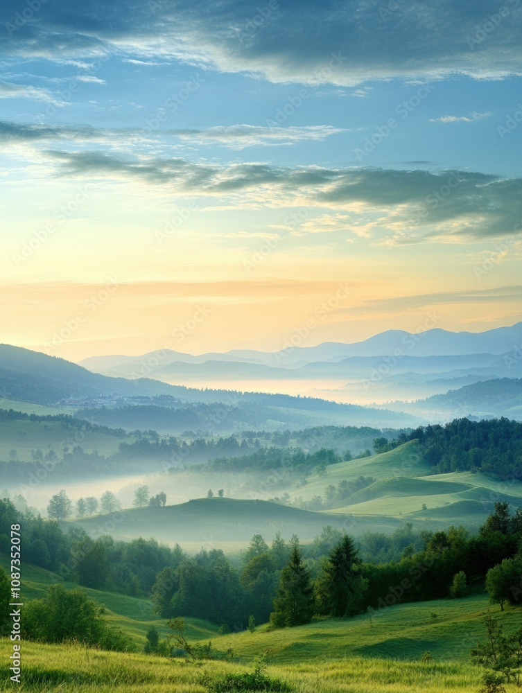 Poster gentle hills covered in greenery stretch under a colorful sky as morning mist blankets the valleys, 