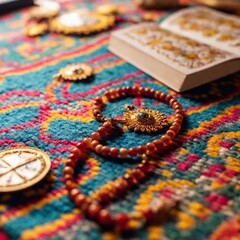 Obraz premium A close-up flatlay photo of a Virgin of Guadalupe Day devotional set, with detailed views of prayer beads, religious medals, and candles, arranged meticulously on a decorated surface
