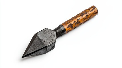 A detailed image of a traditional hand-forged chisel with a wooden handle, showcasing craftsmanship and tool design.
