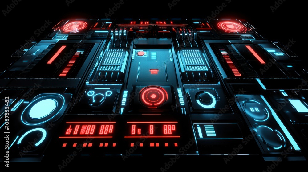 Poster a futuristic interface with glowing elements and digital displays for technology visualization.