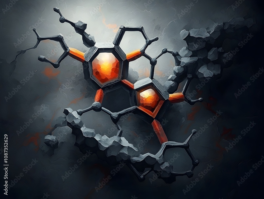 Poster striking three dimensional rendering of a sophisticated chemical compound featuring a network of int
