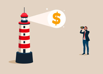Money dollar symbol with a lighthouse points the way to profit and success and wealth. Global business vision, creativity, foresight, strategic analysis. Search ideas for business. Vector illustration