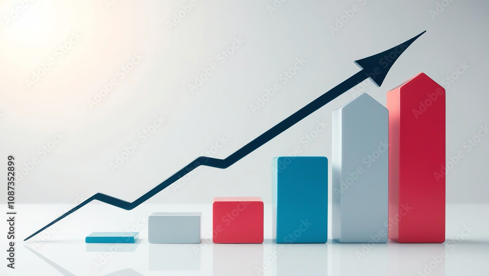 Poster abstract financial chart showing growth with colorful bars and upward arrow, symbolizing progress an