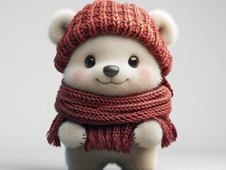 Cartoon 3D Polar Bear in Knitted Hat and Scarf