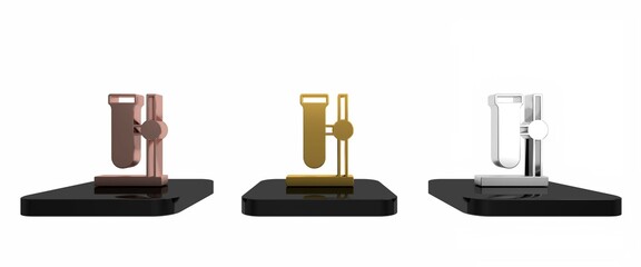 Colorful Glass test tube flask on stand icon isolated on white background. Laboratory equipment. Minimalism concept. 3D render illustration