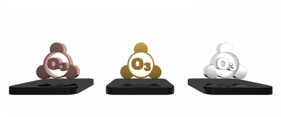 Colorful Ozone molecule icon isolated on white background. Ozone, O3, trioxygen, inorganic molecule. Structural chemical formula and molecule model. Minimalism concept. 3D render illustration