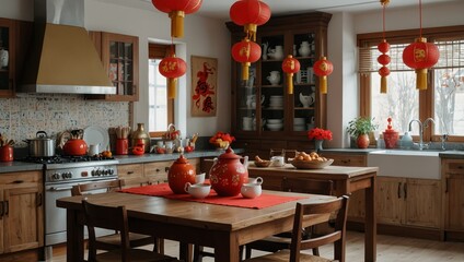 Cozy bright home interior with chinese new year decorations in kitchen