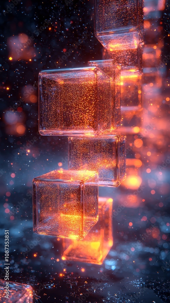 Poster abstract glowing cubes in a dark space illustrate digital richness and advanced visual representatio