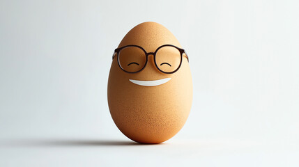 Brown egg with cartoon face wearing glasses and smiling on a plain white background with soft lighting
