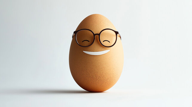 Brown egg with cartoon face wearing glasses and smiling on a plain white background with soft lighting
