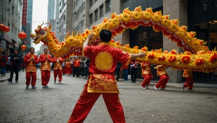 Dragon dance during Chinese New Year street celebration