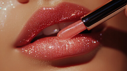 A close-up image of glossy pink lips is shown with a lipstick applicator touching the lower lip, AI Generative