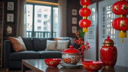 Cozy home interior with chinese new year decorations in living room