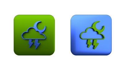 Colorful Storm icon isolated on white background. Cloud with lightning and moon sign. Weather icon of storm. Square button. 3D render illustration