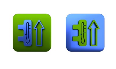 Colorful Planet earth melting to global warming icon isolated on white background. Ecological problems and solutions - thermometer. Square button. 3D render illustration