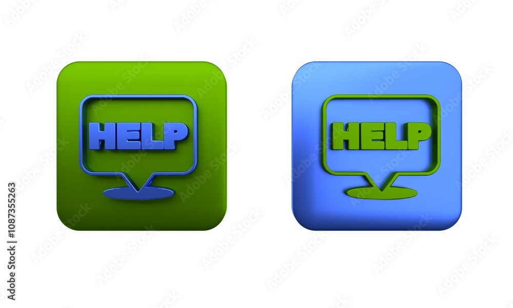 Poster colorful speech bubble with text help icon isolated on white background. square button. 3d render il