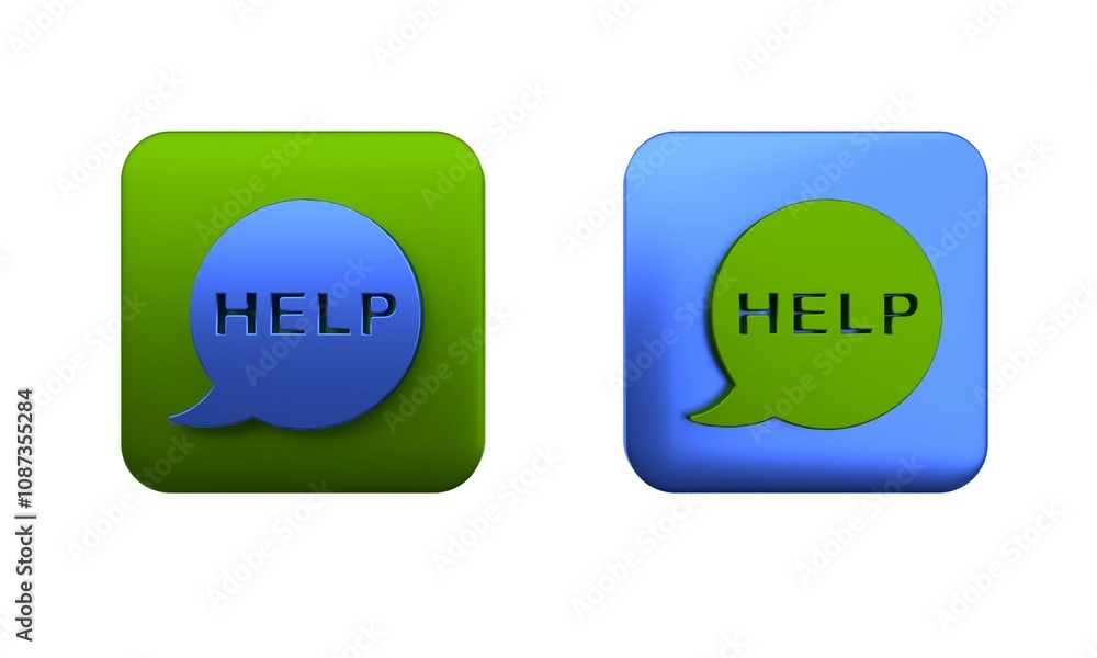 Poster colorful speech bubble with text help icon isolated on white background. square button. 3d render il