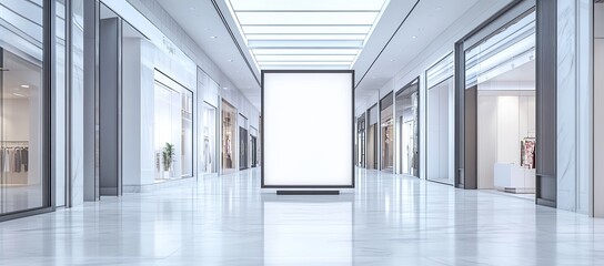 Photo of a blank billboard in the center of an empty shopping mall with white walls and marble floors