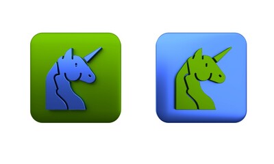 Colorful Unicorn icon isolated on white background. Square button. 3D render illustration