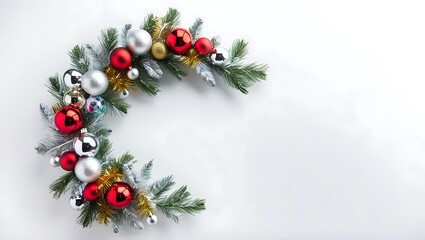 Festive Christmas Tree Branches with Vibrant New Year's Decorations on White