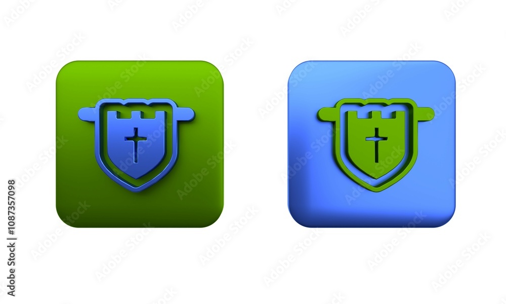 Poster colorful flag with christian cross icon isolated on white background. square button. 3d render illus