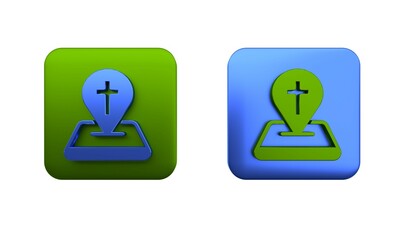 Colorful Map pin church building icon isolated on white background. Christian Church. Religion of church. Square button. 3D render illustration