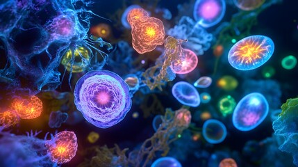 Obraz premium Induced pluripotent cells glowing under microscope, vibrant colors, delicate textures