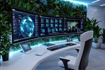 High-Tech Workspace with Multiple Monitors Displaying Data Analytics in a Modern Environment Surrounded by Greenery and Sleek Design Elements