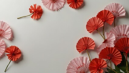 Obraz premium Festive arrangement for Lunar New Year, featuring red fans, and pink sakura flowers. Top view on a white background with ample space for custom messages or advertisements