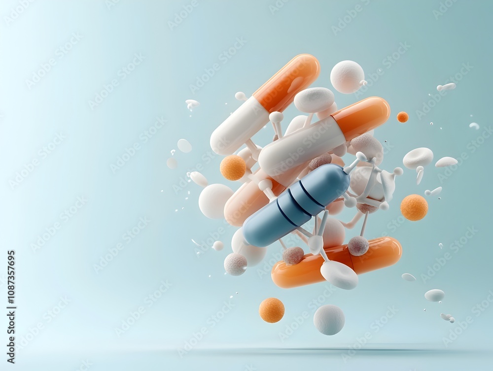 Poster a striking 3d rendered depicting the insulin molecule in a minimalist abstract style focusing on its
