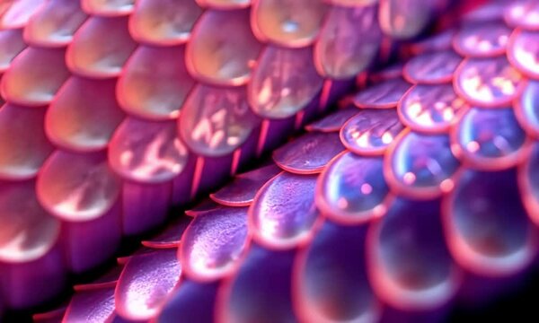 Pink snake scales with iridescent sheen texture video animation. Snakeskin iridescence animated footage HD clip seamless motion graphics. Reptile scaly serpent abstract concept