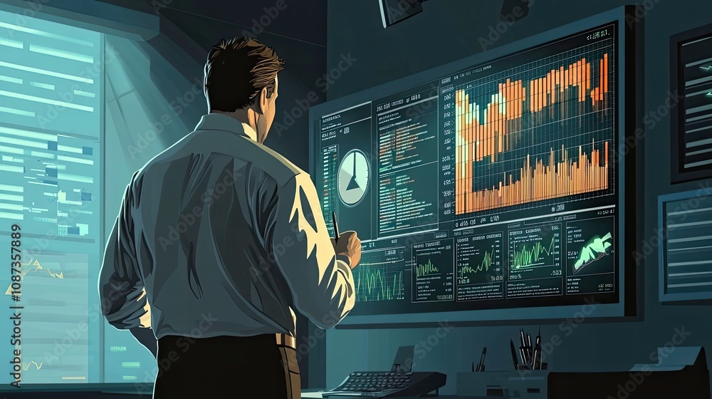 Poster man in a dark room analyzing financial data on multiple screens