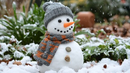 Obraz premium A Snowman With A Grey Knit Hat, Orange Scarf, and Carrot Nose in the Snow
