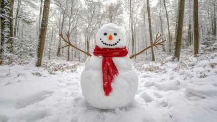 Snowman in a Snowy Forest with a Red Scarf