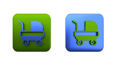 Colorful Baby stroller icon isolated on white background. Baby carriage, buggy, pram, stroller, wheel. Square button. 3D render illustration