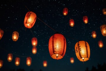 Naklejka premium Flying chinese lanterns on the dark night sky