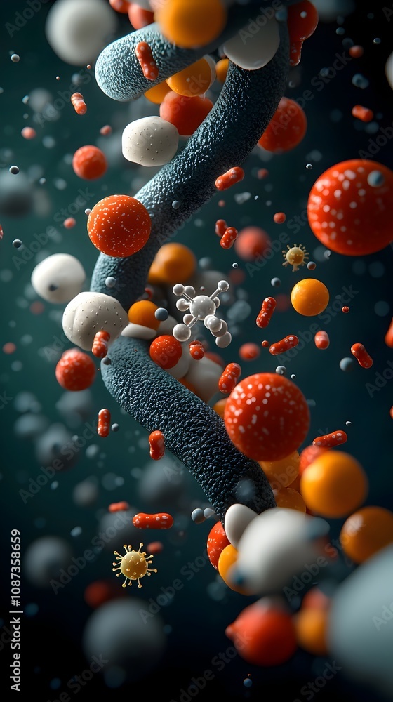 Poster a detailed 3d rendered digital showcasing a microscopic view of an insulin molecule surrounded by va
