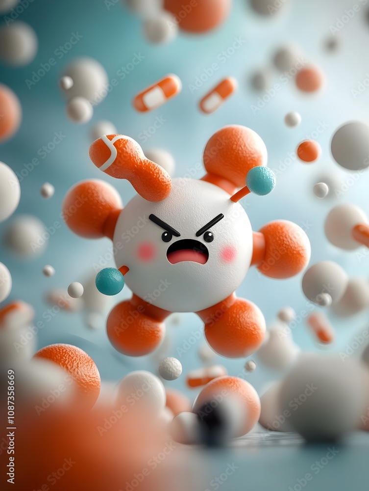 Poster whimsical 3d rendered depicting the insulin molecule transformed into a character with a unique pers