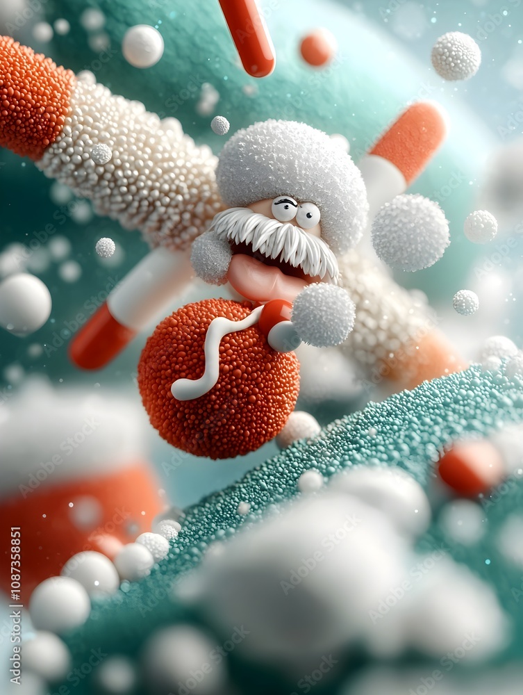 Poster whimsical 3d rendering of the insulin molecule transformed into a character with a unique personalit