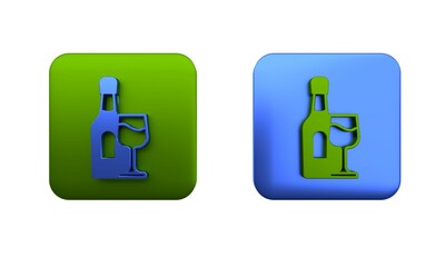 Colorful Wine bottle with glass icon isolated on white background. Square button. 3D render illustration