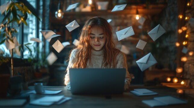 A professional woman marketer using laptop  creating successful email marketing campaigns with vibrant digital marketing, showcasing creativity and business efficiency in online action