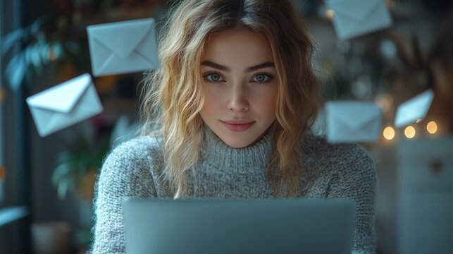 A professional wonan creating successful email marketing  and newsletter concept campaigns with vibrant digital marketing, showcasing creativity and business efficiency  with laptop modern office