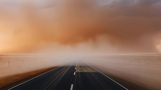 A deserted road stretching into a sandy landscape, with a dust storm creating an atmospheric, hazy effect.