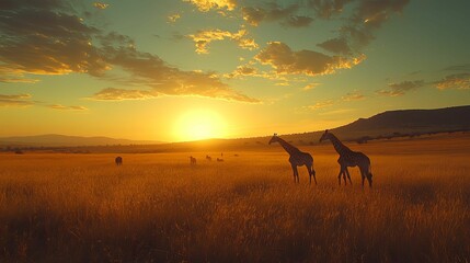 Naklejka premium Giraffes and Zebras Silhouetted Against a Sunset Savanna