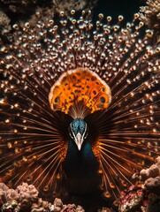 Frontal view of a captivating peacock displaying its iridescent feathers