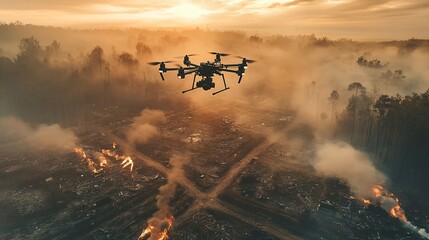 Aerial drone monitoring forest fires affected area environmental impact smoky atmosphere elevated perspective conservation efforts