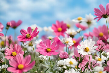 vibrant field of cosmos flowers in pink and white hues, swaying gently under bright blue sky, creating cheerful and serene atmosphere