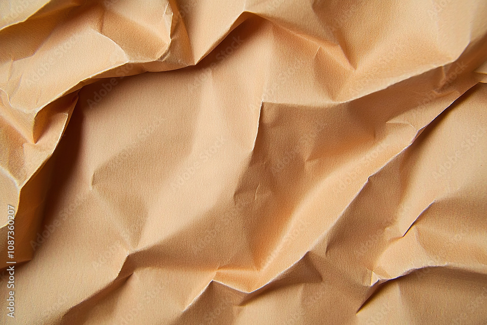 Poster crumpled paper texture in soft beige color, showcasing intricate folds and shadows, creating unique 
